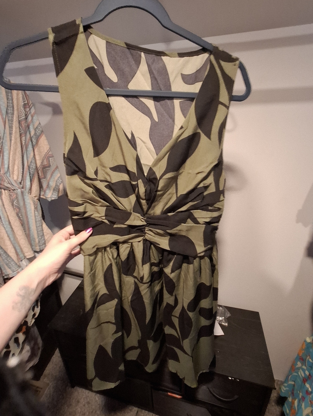 Sleeveless Olive Green Mini Dress with Black Leaf Print NWOT